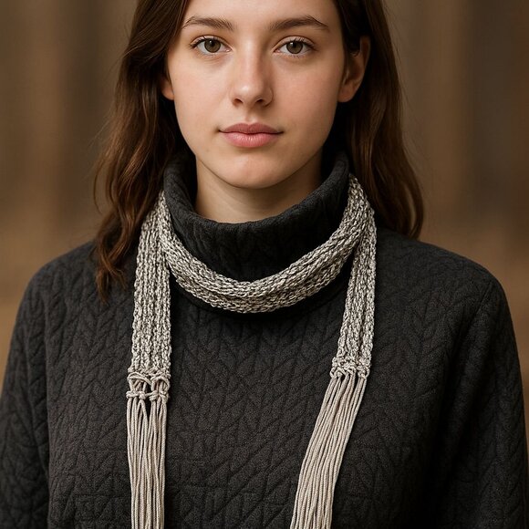 Silver Beaded Crochet Scarf Tie Fringe Rhinestones 82 Inch Long Elegant Runway - Picture 2 of 7